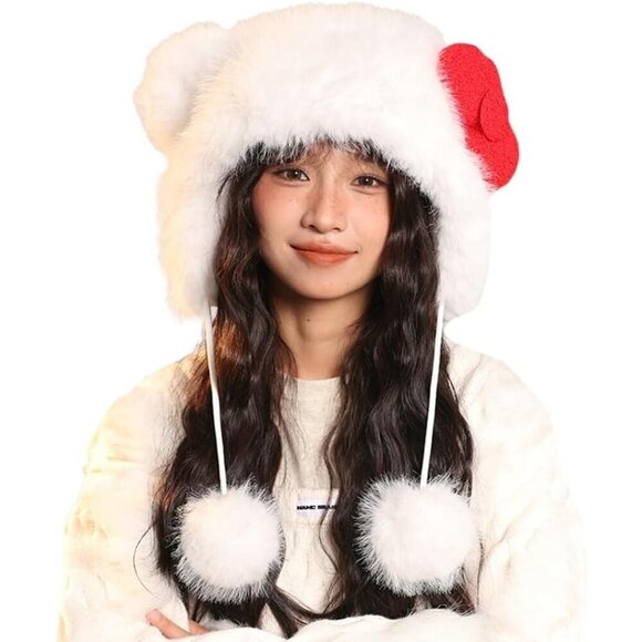 Women\'s White Cartoon Animal Cute Faux Fur Trapper Ear Sherpa Beanie Hat main image 7